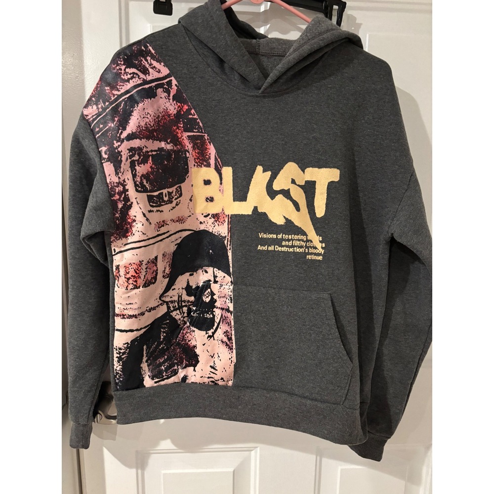 Blast‎ Graphic Print Hoodie Streetwear Gray Pullover Sweatshirt Small